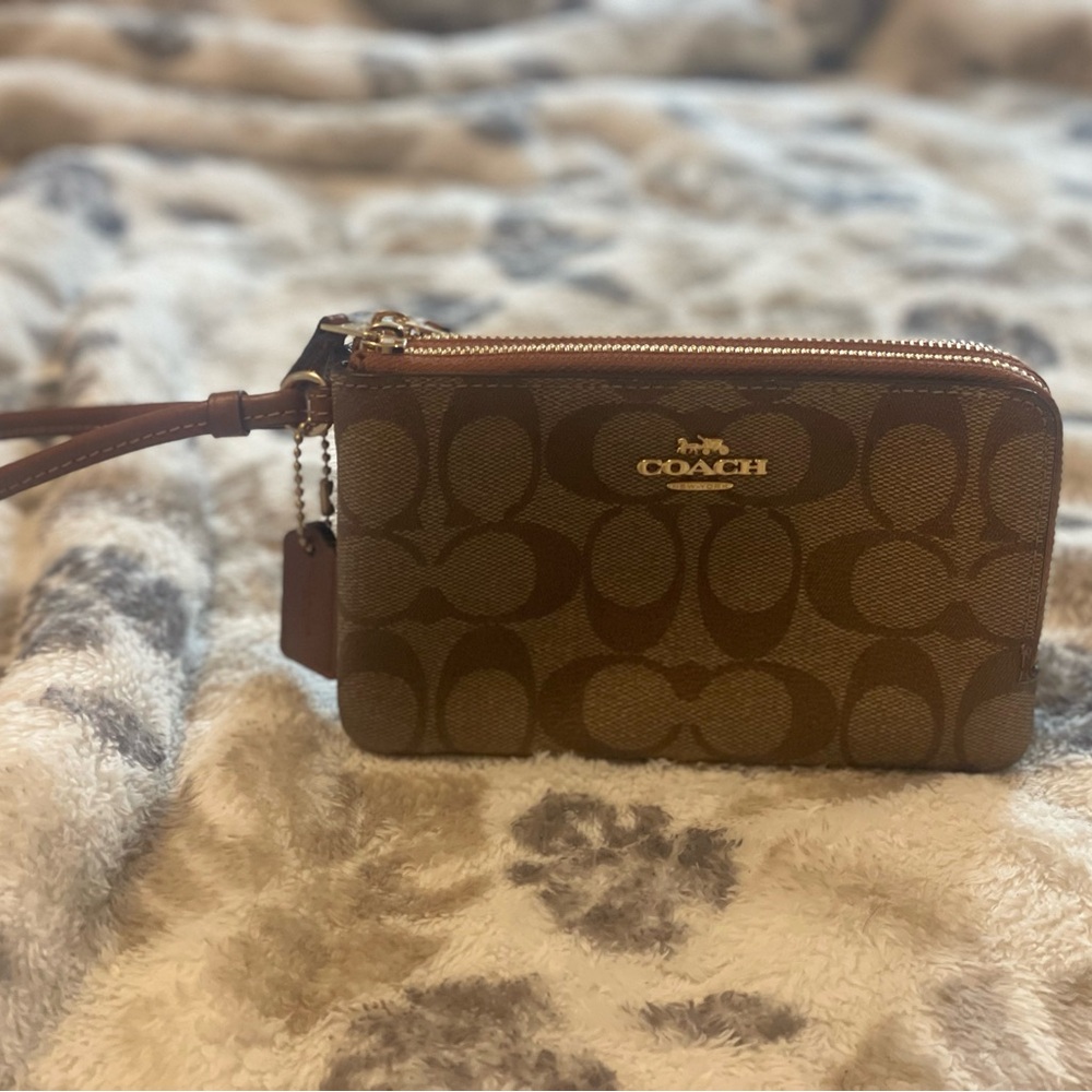 Tan Coach Double Zip Wristlet